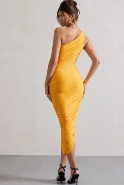 Dorit | Mango One Shoulder Asymmetric Ruched Midi Dress