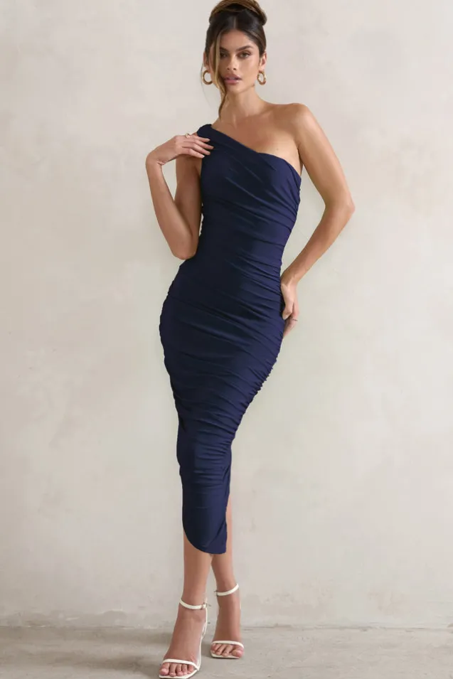 Dorit | Navy One Shoulder Asymmetric Ruched Midi Dress
