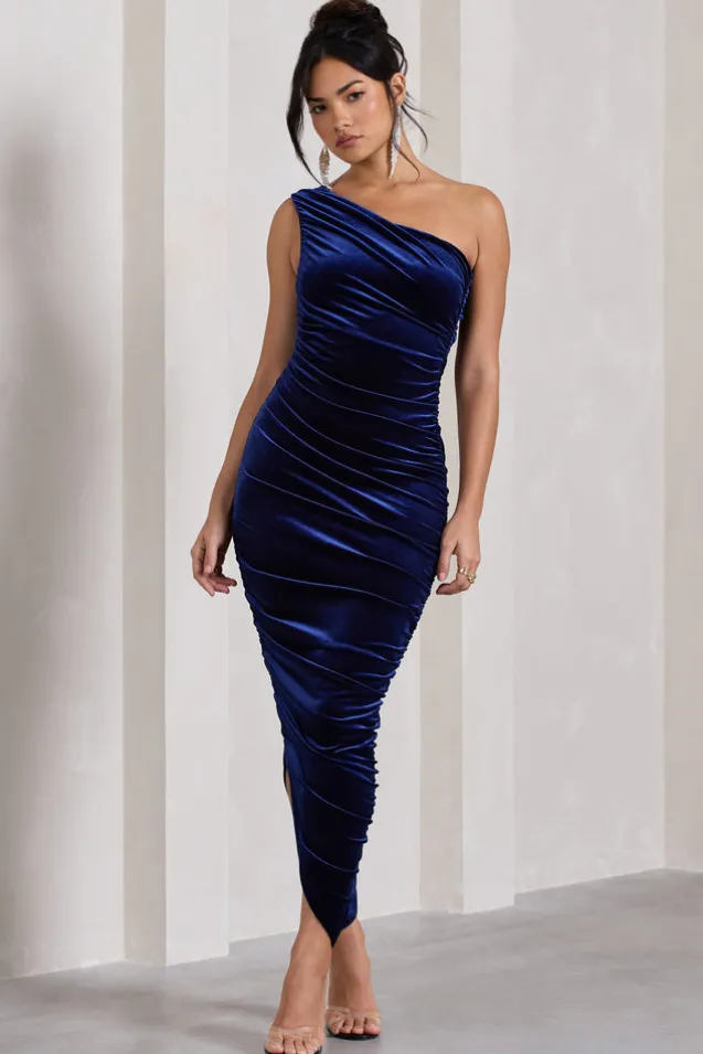 Dorit | Navy Velvet One Shoulder Asymmetric Ruched Midi Dress