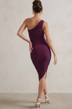 Dorit | Plum One Shoulder Asymmetric Ruched Midi Dress