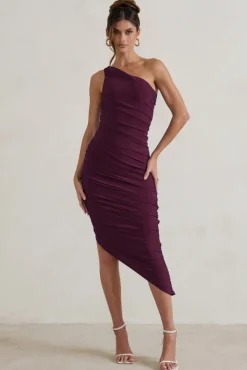 Dorit | Plum One Shoulder Asymmetric Ruched Midi Dress