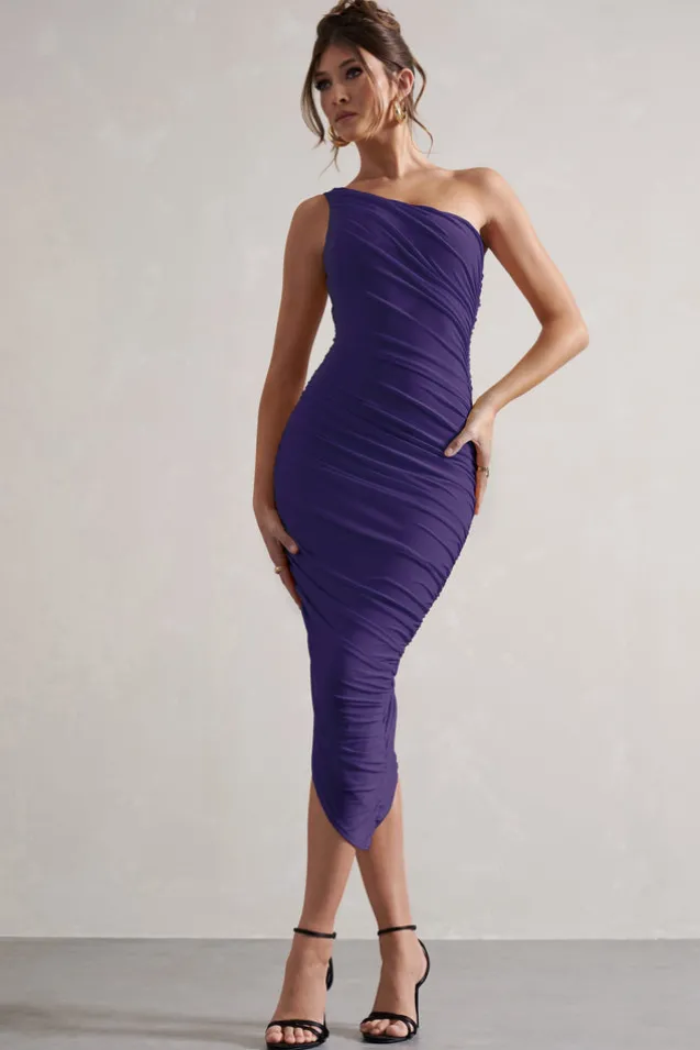 Dorit | Purple One Shoulder Asymmetric Ruched Midi Dress
