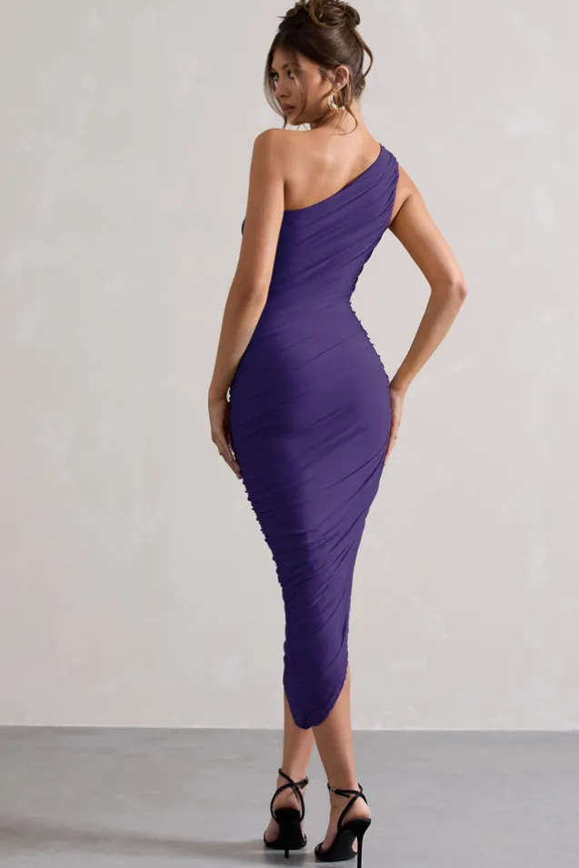Dorit | Purple One Shoulder Asymmetric Ruched Midi Dress