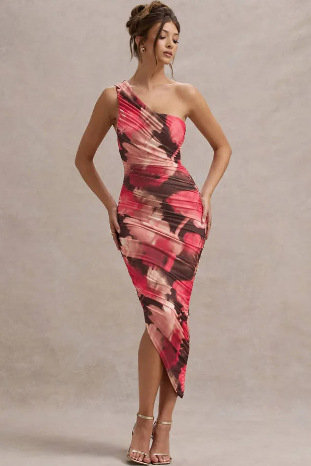 Dorit | Red Floral Print One Shoulder Asymmetric Ruched Midi Dress