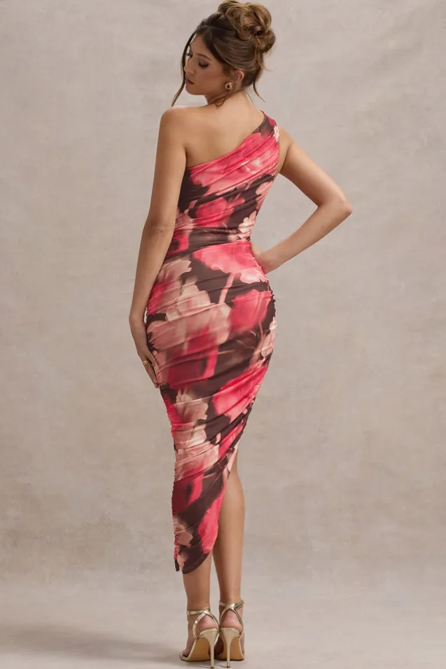 Dorit | Red Floral Print One Shoulder Asymmetric Ruched Midi Dress
