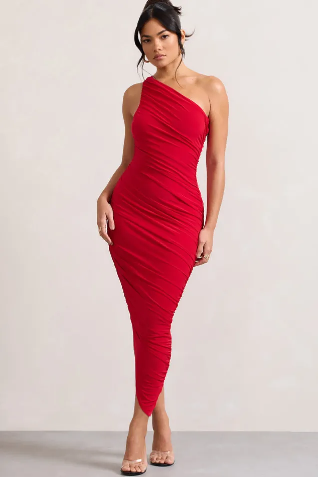 Dorit | Red One Shoulder Asymmetric Ruched Midi Dress