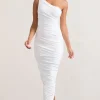 Dorit | White One Shoulder Asymmetric Ruched Midi Dress