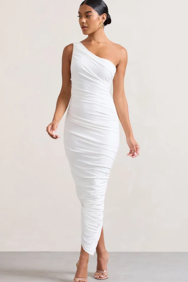 Dorit | White One Shoulder Asymmetric Ruched Midi Dress