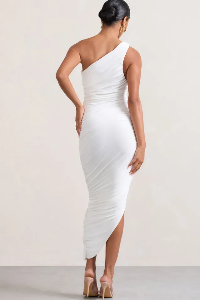 Dorit | White One Shoulder Asymmetric Ruched Midi Dress
