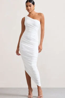 Dorit | White One Shoulder Asymmetric Ruched Midi Dress