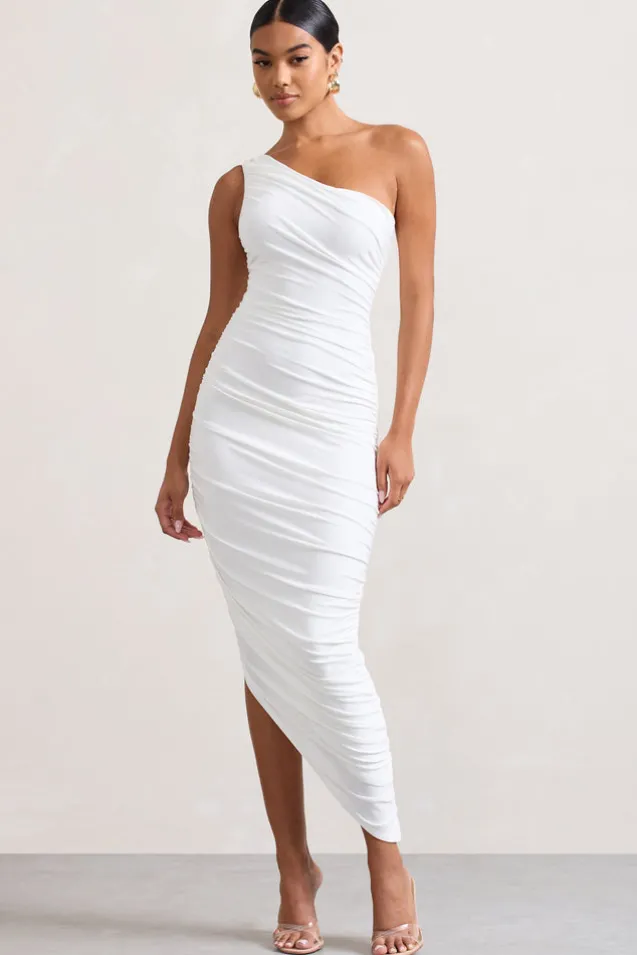 Dorit | White One Shoulder Asymmetric Ruched Midi Dress
