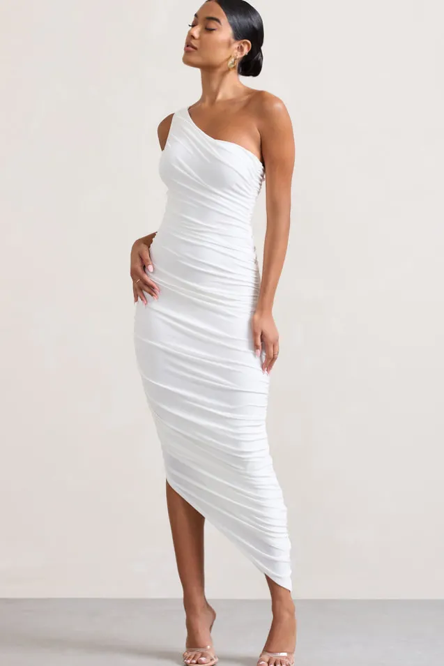 Dorit | White One Shoulder Asymmetric Ruched Midi Dress