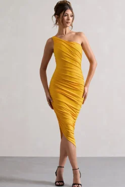 Dorit | Yellow One Shoulder Asymmetric Ruched Midi Dress