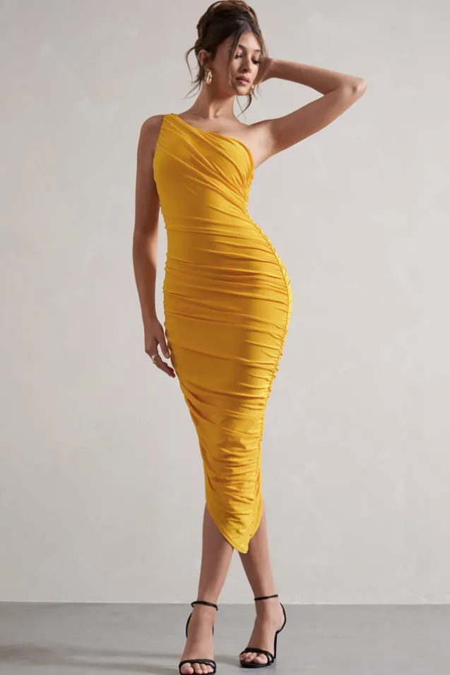 Dorit | Yellow One Shoulder Asymmetric Ruched Midi Dress