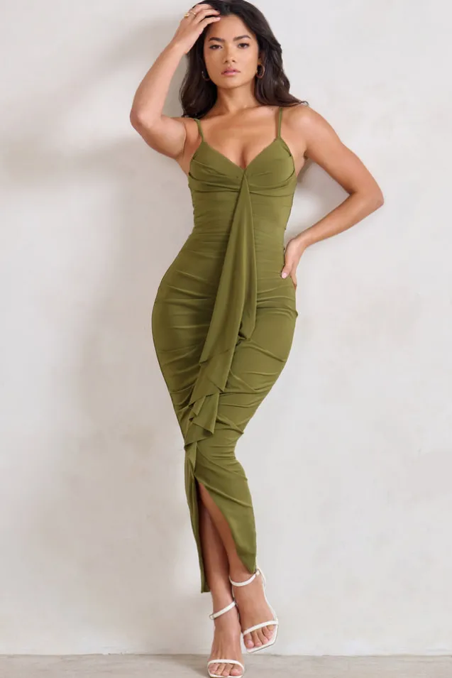 Dorothy | Olive Green Plunge V Neckline Ruffle Midi Dress