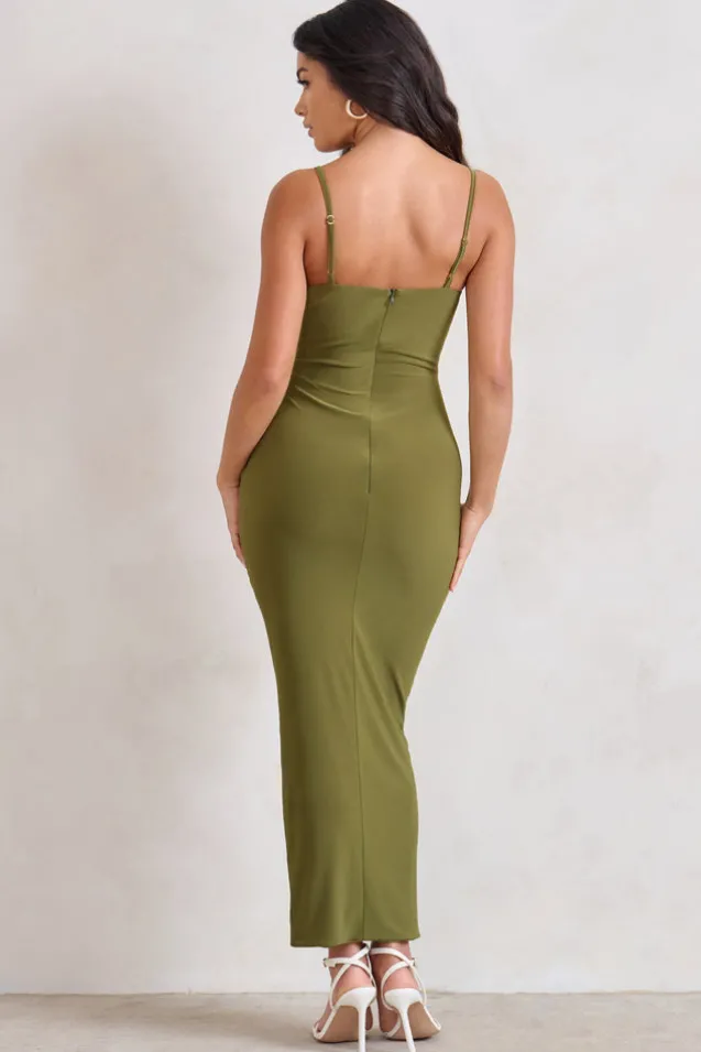 Dorothy | Olive Green Plunge V Neckline Ruffle Midi Dress