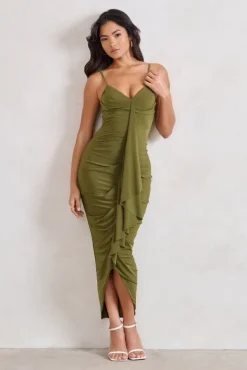 Dorothy | Olive Green Plunge V Neckline Ruffle Midi Dress