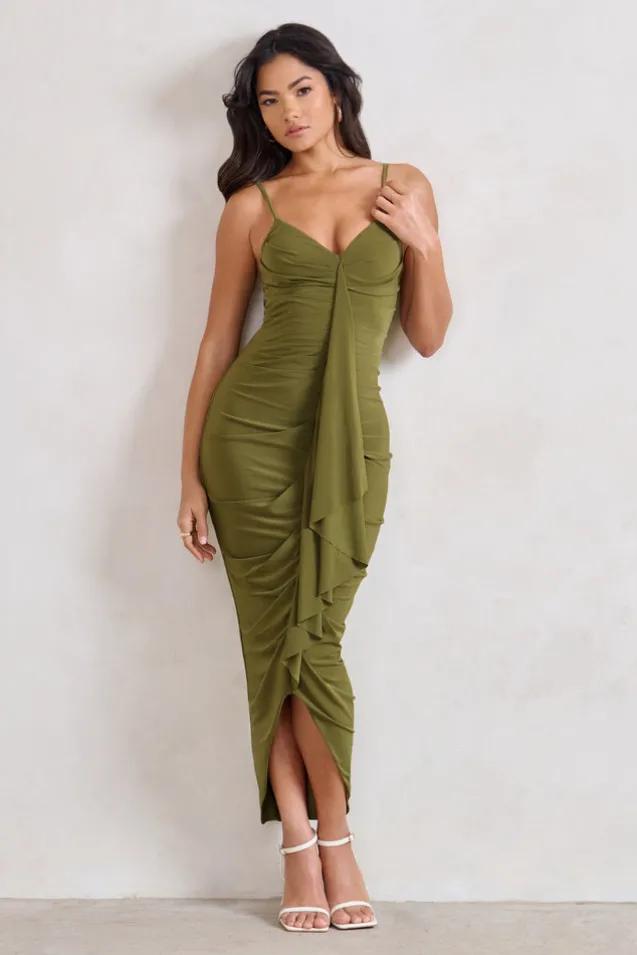 Dorothy | Olive Green Plunge V Neckline Ruffle Midi Dress