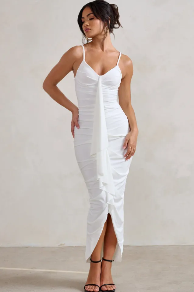 Dorothy | White Plunge V Neckline Ruffle Midi Dress