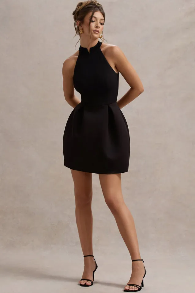 Dottie | Black High-Neck Mini Dress With Pleated Skirt