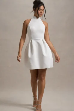 Dottie | White High-Neck Mini Dress With Pleated Skirt