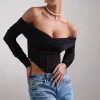 Dramatic | Black Sheer Bardot Long-Sleeved Corset Top