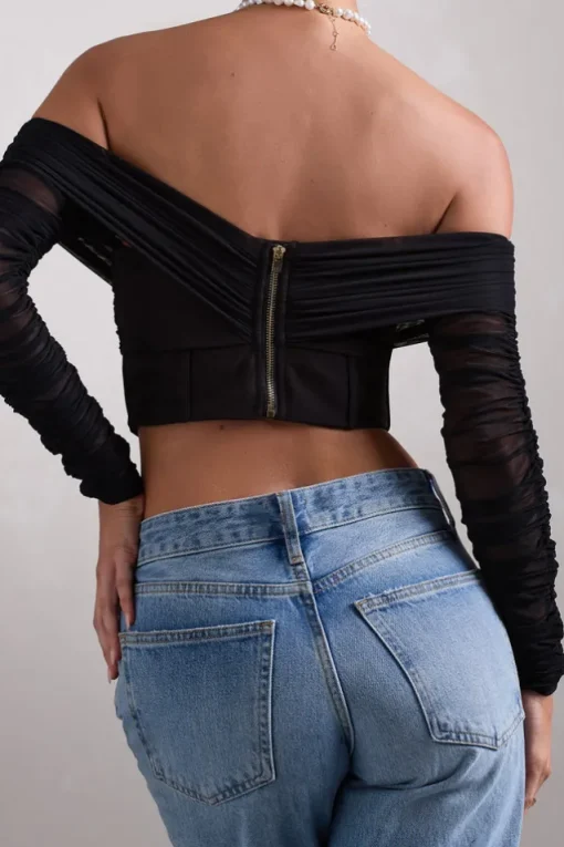 Dramatic | Black Sheer Bardot Long-Sleeved Corset Top