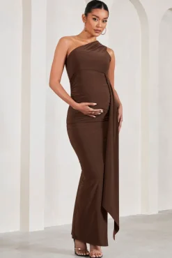 Dream Of You | Chocolate One-Shoulder Split Maternity Maxi Dress With Drape