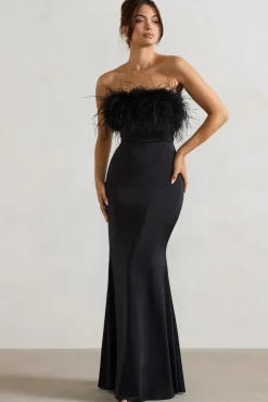 Dress For It | Black Satin Feather Trim Maxi Dress