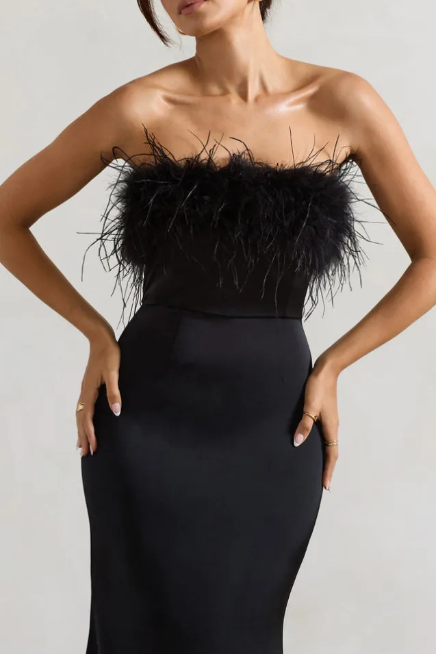 Dress For It | Black Satin Feather Trim Maxi Dress