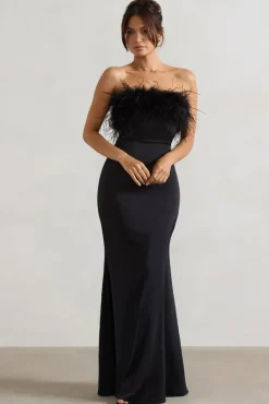 Dress For It | Black Satin Feather Trim Maxi Dress