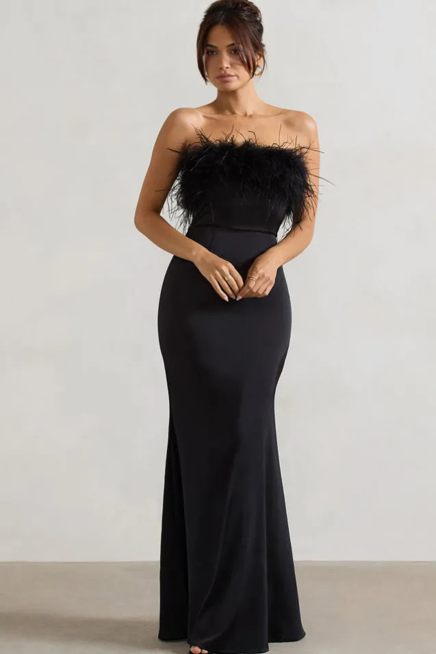 Dress For It | Black Satin Feather Trim Maxi Dress