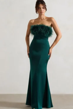 Dress For It | Bottle Green Satin Feather Trim Maxi Dress