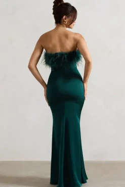 Dress For It | Bottle Green Satin Feather Trim Maxi Dress