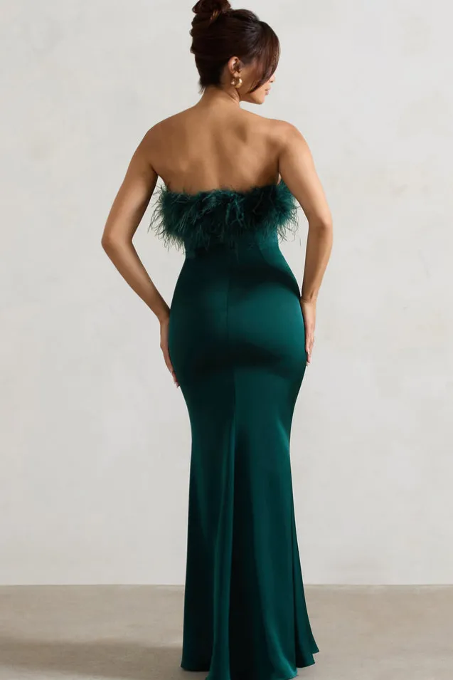 Dress For It | Bottle Green Satin Feather Trim Maxi Dress