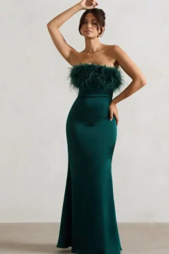 Dress For It | Bottle Green Satin Feather Trim Maxi Dress