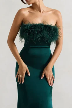 Dress For It | Bottle Green Satin Feather Trim Maxi Dress