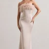Dress For It | Champagne Satin Strapless Feather Trim Maxi Dress