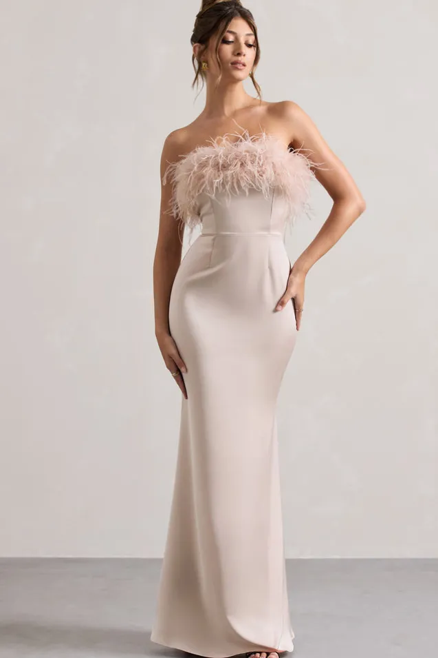 Dress For It | Champagne Satin Strapless Feather Trim Maxi Dress