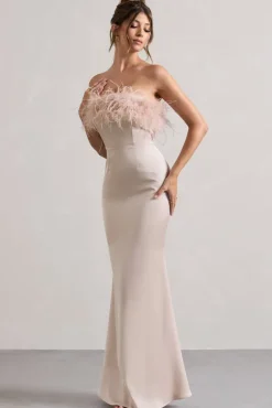 Dress For It | Champagne Satin Strapless Feather Trim Maxi Dress