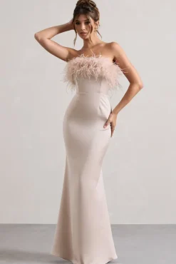 Dress For It | Champagne Satin Strapless Feather Trim Maxi Dress