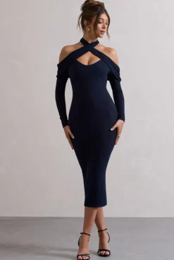 Duet | Navy Rib Knit Halter-Neck Midi Dress With Cut-Out