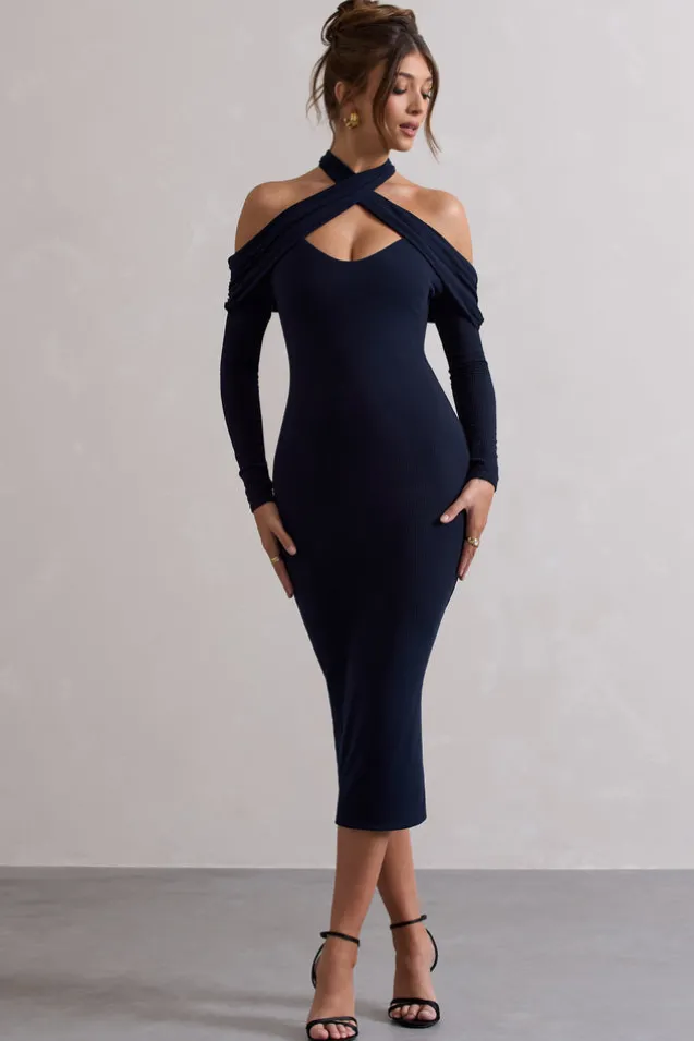 Duet | Navy Rib Knit Halter-Neck Midi Dress With Cut-Out