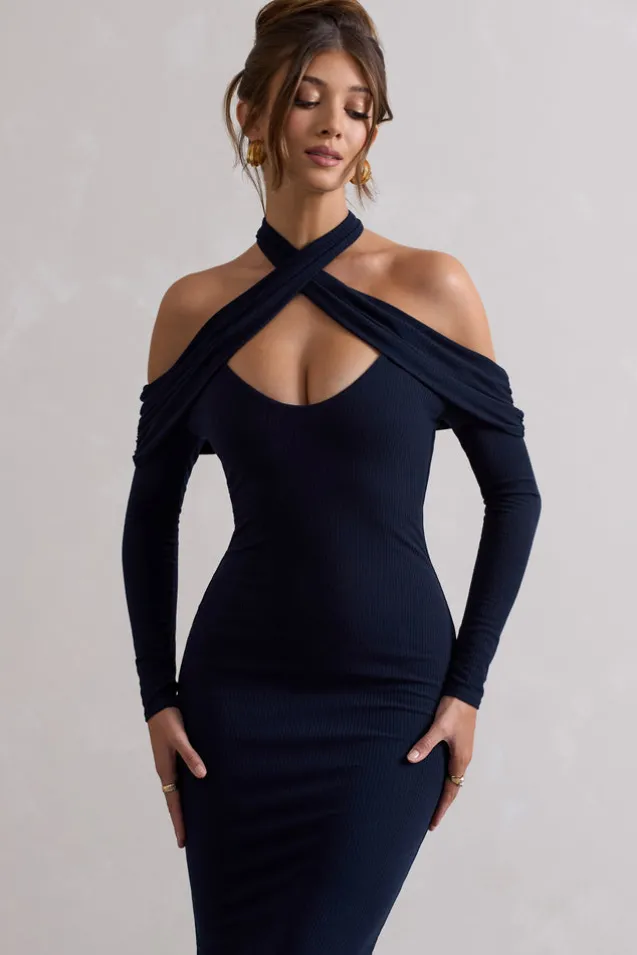 Duet | Navy Rib Knit Halter-Neck Midi Dress With Cut-Out