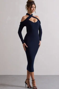 Duet | Navy Rib Knit Halter-Neck Midi Dress With Cut-Out