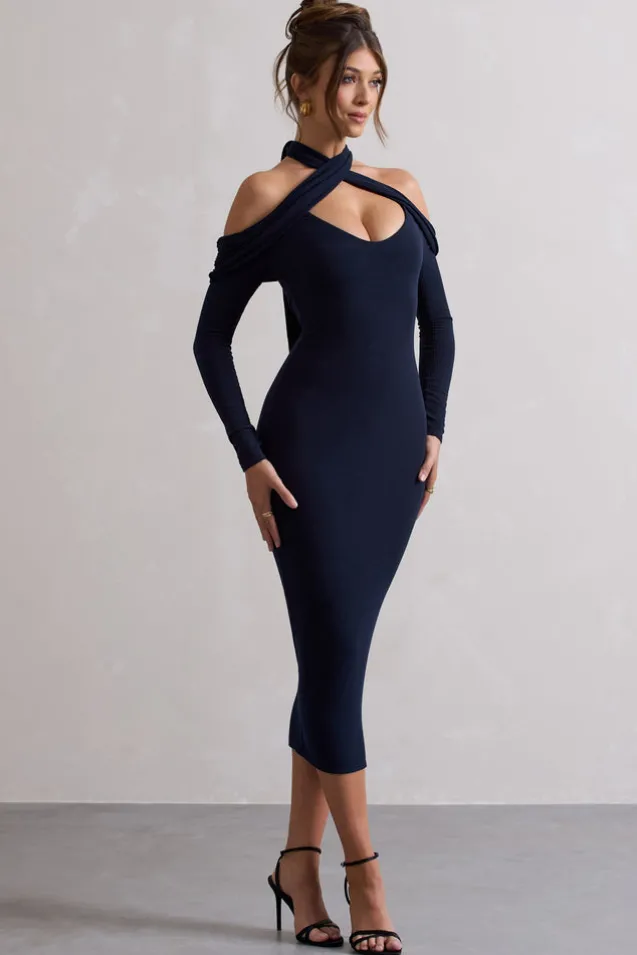 Duet | Navy Rib Knit Halter-Neck Midi Dress With Cut-Out