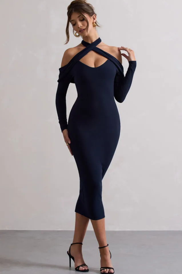 Duet | Navy Rib Knit Halter-Neck Midi Dress With Cut-Out