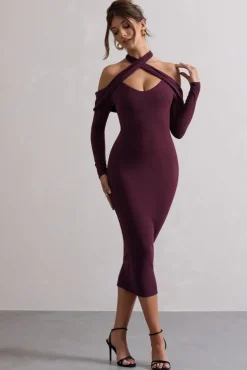 Duet | Plum Rib Knit Halter-Neck Midi Dress With Cut-Out