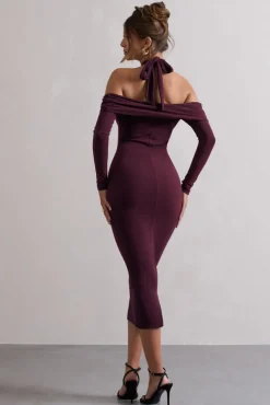 Duet | Plum Rib Knit Halter-Neck Midi Dress With Cut-Out