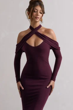 Duet | Plum Rib Knit Halter-Neck Midi Dress With Cut-Out